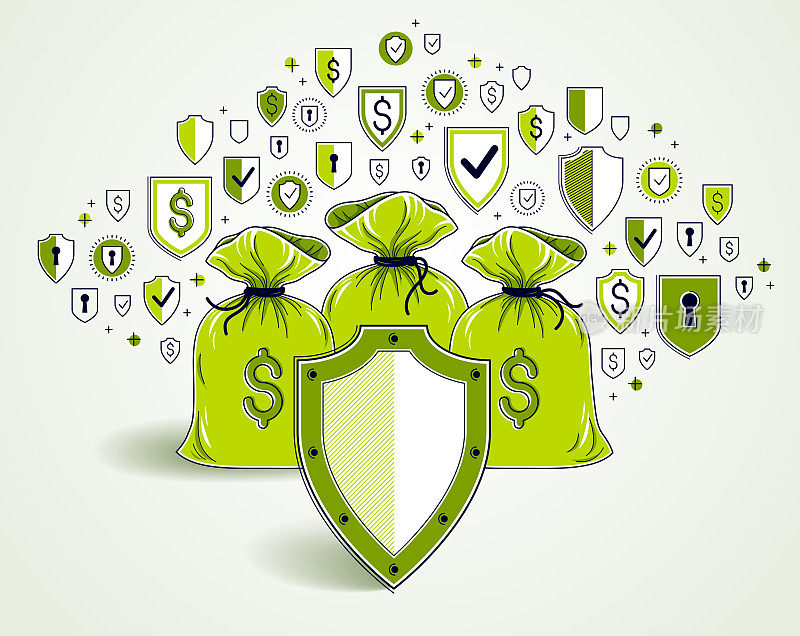 Shield over 3 money bags,  financial security concept, business and finance protection, investments credits and deposit banking idea, vector design.